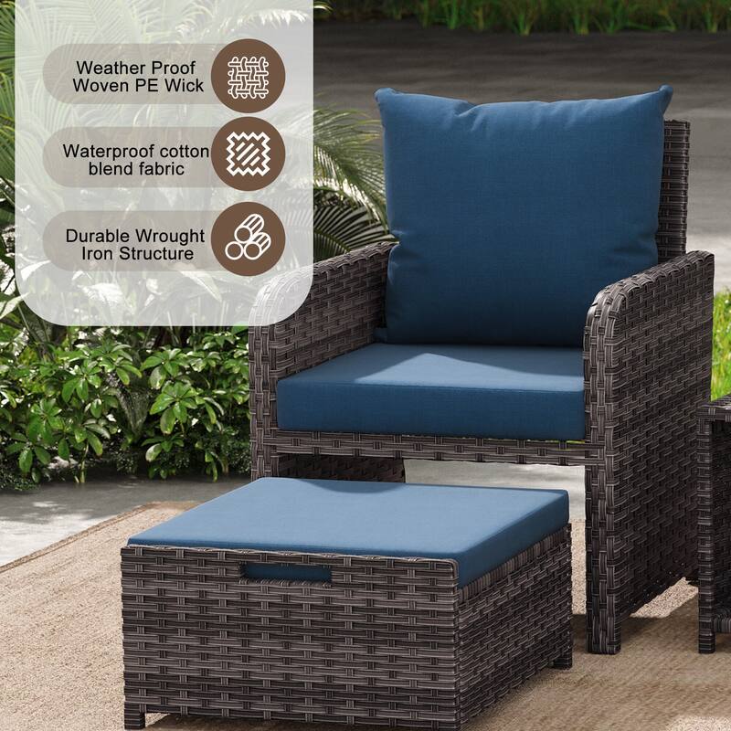 5 Pieces Patio Chair Ottoman Conversation Set with Cushions Table