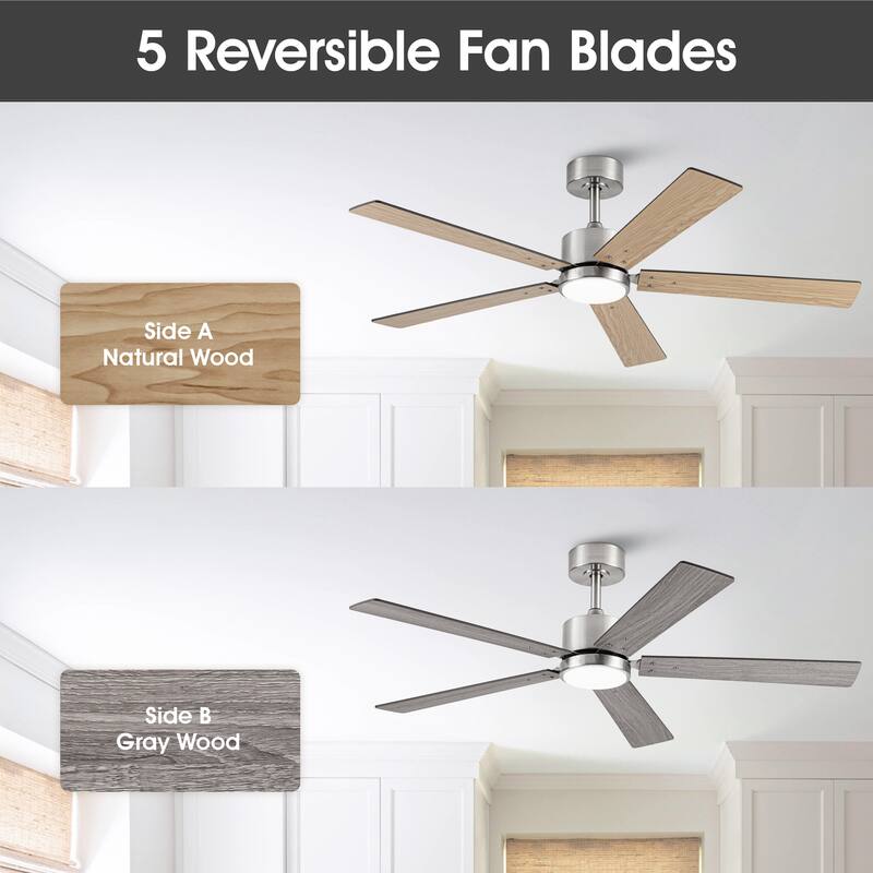 52" Modern Brushed Nickel Plywood Integrated LED Dimmable Ceiling Fan with Light