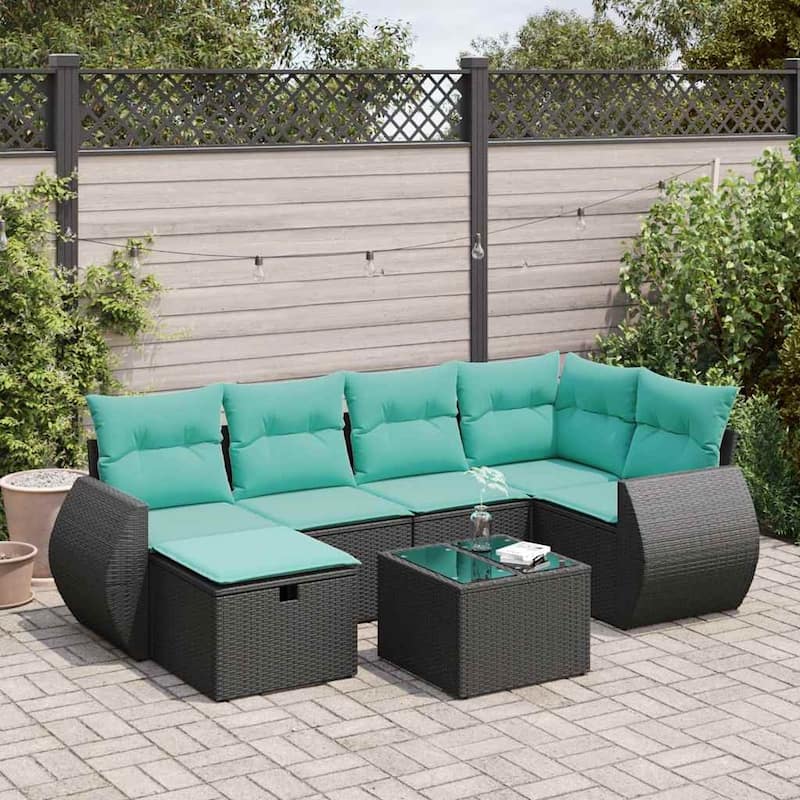 vidaXL Patio Sofa Set with Cushions Outdoor Conversation Furniture Poly Rattan - Black with storage - 21.7" x 24.4" x 27.2"
