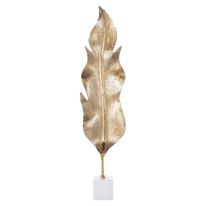 Gold Aluminum Metal Tall Textured Leaf Sculpture with White Marble Base