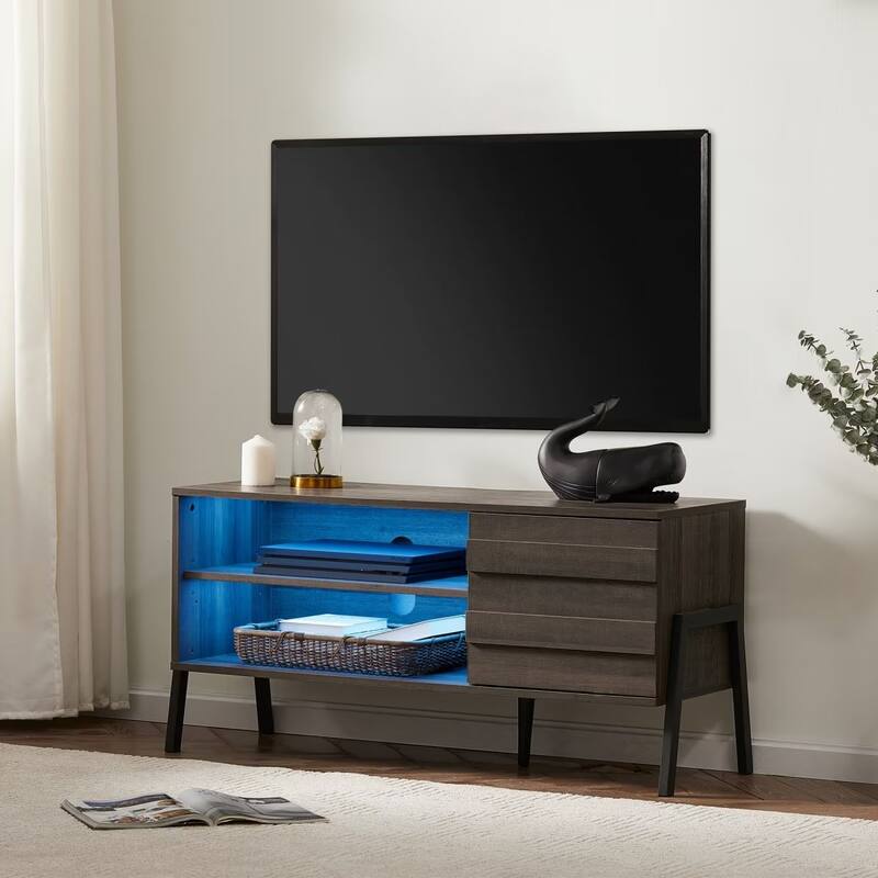 Mid-Century Modern TV Stand for 55"/65"/75" TV Console with LED Light - 43" - Espresso & Blue LED