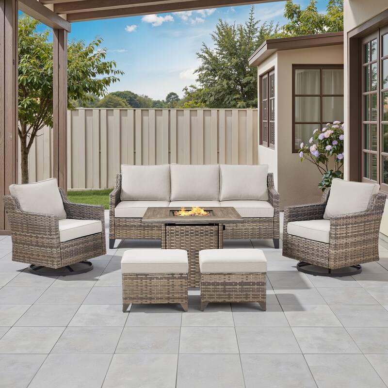 Pocassy Outdoor Swivel Chair with Sofa with Fire Pit Table - Beige Cushion Gray Wicker - 6-Piece Sofa Siwvel Chair Ottoman w/ Fire Table