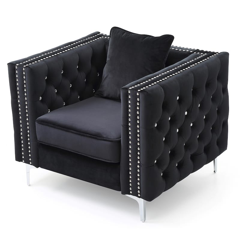 Jeweled Button Tufted Accent Chair with Pillow - 40" - Black and Silver