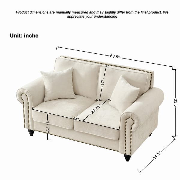 dimension image slide 0 of 2, 63" Velvet Upholstered Sofa with Curved Armrests, Luxurious Accent Sofa Couch Loveseat with Nailheads