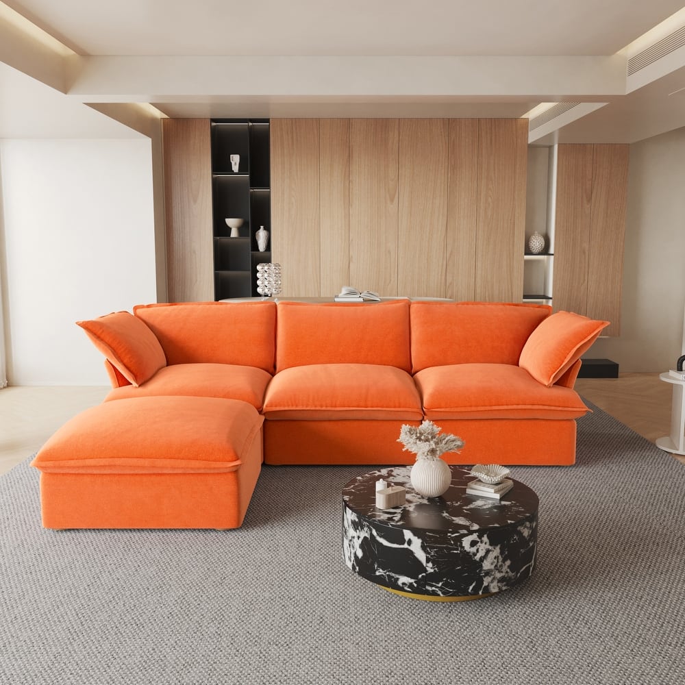 Large Velvet Upholstered Sectional Sofa 122'' L-shape Modular Couch with Ottoman