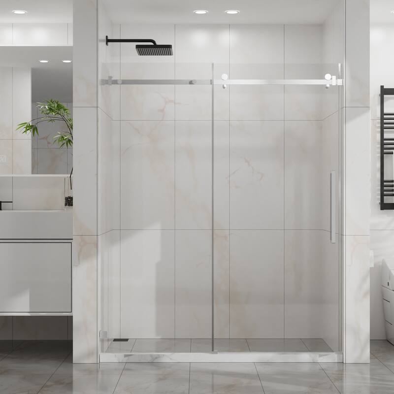 60" W x 72" H Sliding Shower Door, Frameless Sleek Glass Shower Door, 1/4" (6mm) Thick Tempered Clear Glass - Chrome
