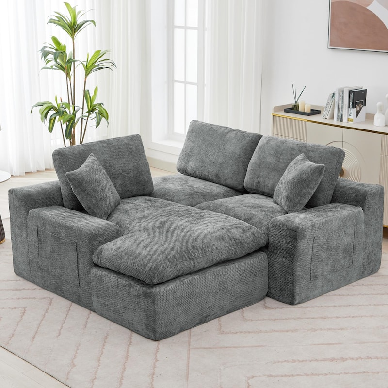 107.9" Grey Upholstered Sectional Sofa, Double-layer Cushions, Side Pockets & Throws, Free-combined for Living Room