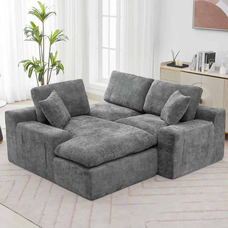 L-Shape Cloud Sectional Sofa with Chaise, Chenille Modular Boneless Upholstered Couche, Full-Compressed Sofa with Side Pockets