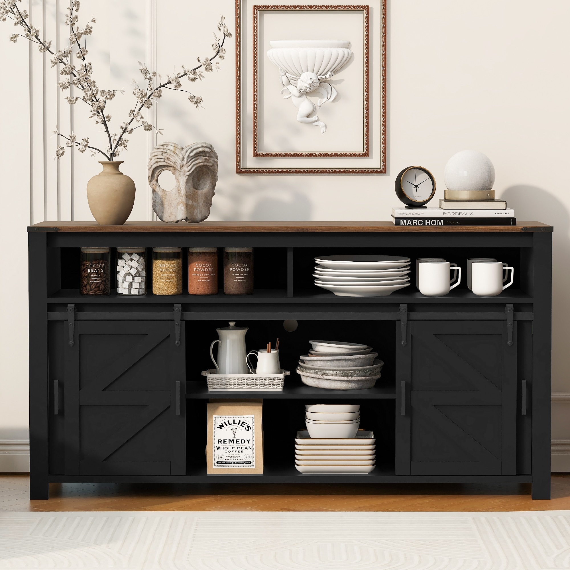 59.3" Sideboard with Sliding Barn Door and Mesh Panels,Farmhouse Buffet with Open Storage,Suitable for Living Room, Hallway