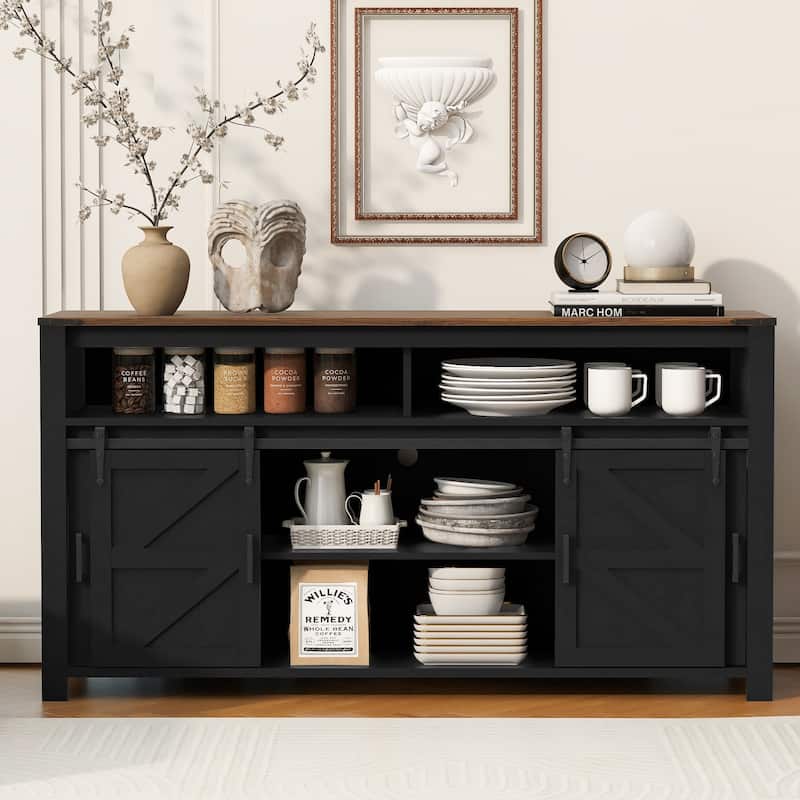 Shiny 59.3" Sideboard with Sliding Barn Door and Open Storage