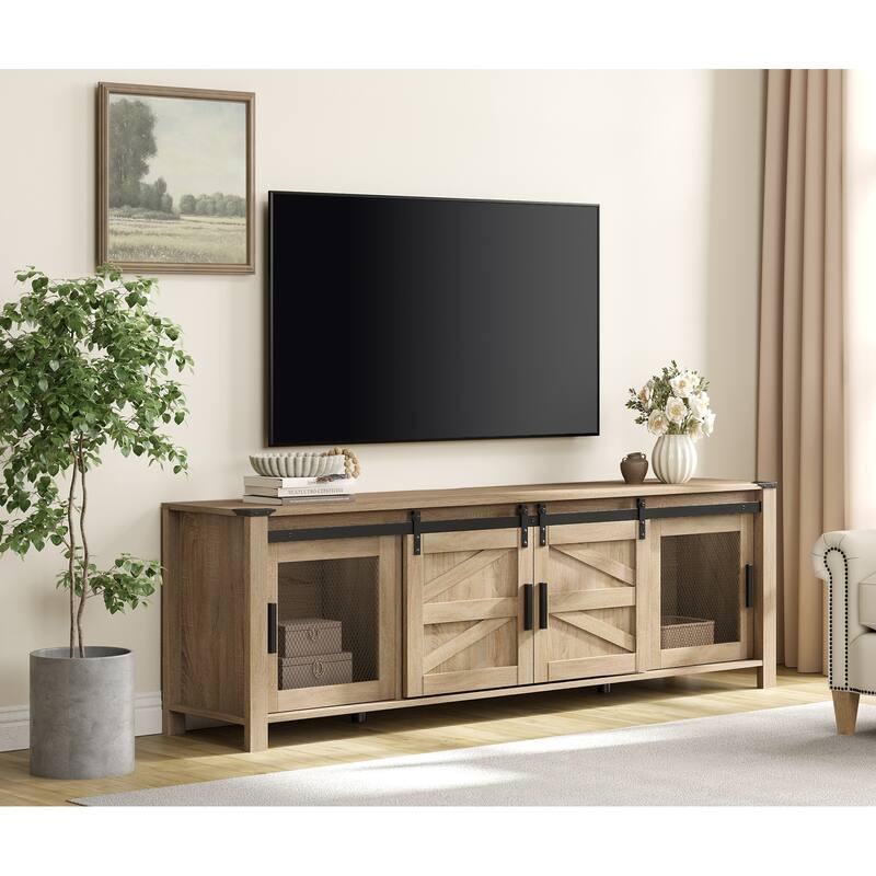 Sliding Barn Door TV Stand Cabinet, Entertainment Center for 75" TV - Oak