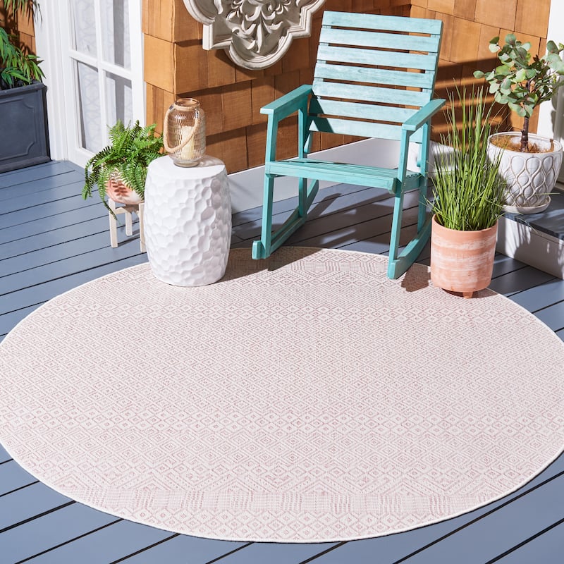 SAFAVIEH Courtyard Terezija Indoor/ Outdoor Waterproof Patio Backyard Rug - 6'7" Round - Ivory/Soft Pink
