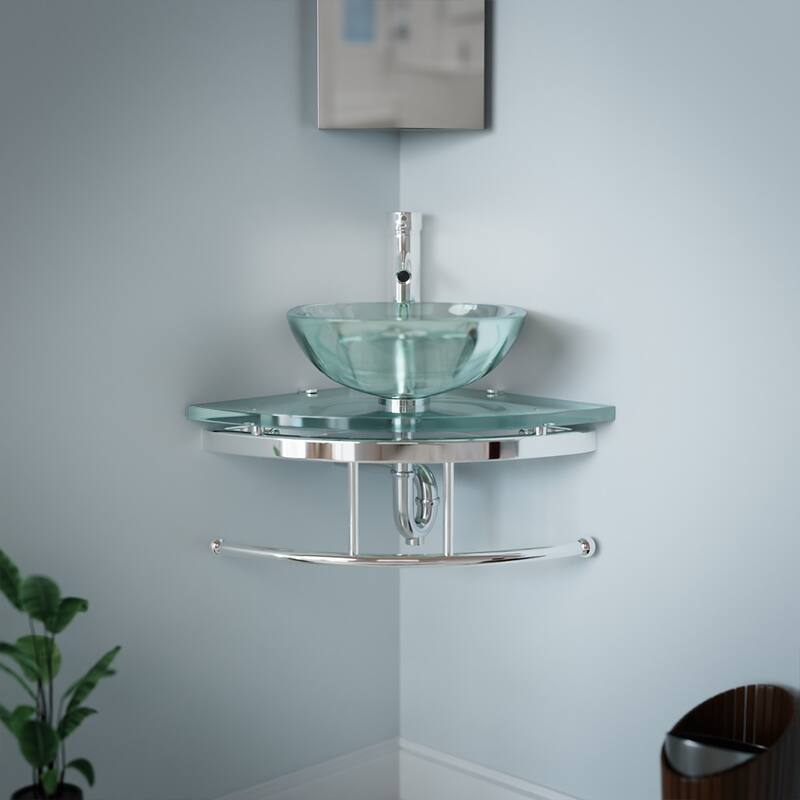 Talula Square Corner Tempered Glass Wall Mount Vessel Sink with Chrome Faucet, Drain and Towel Bar