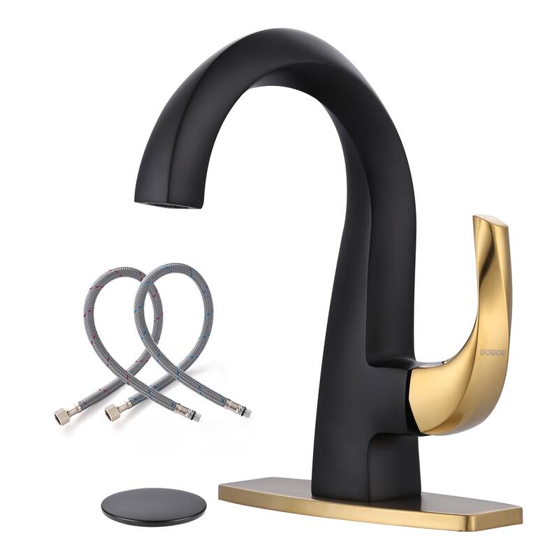 WOWOW Single Handle Gooseneck Bathroom Faucet with Deckplate Included - Gold and Black