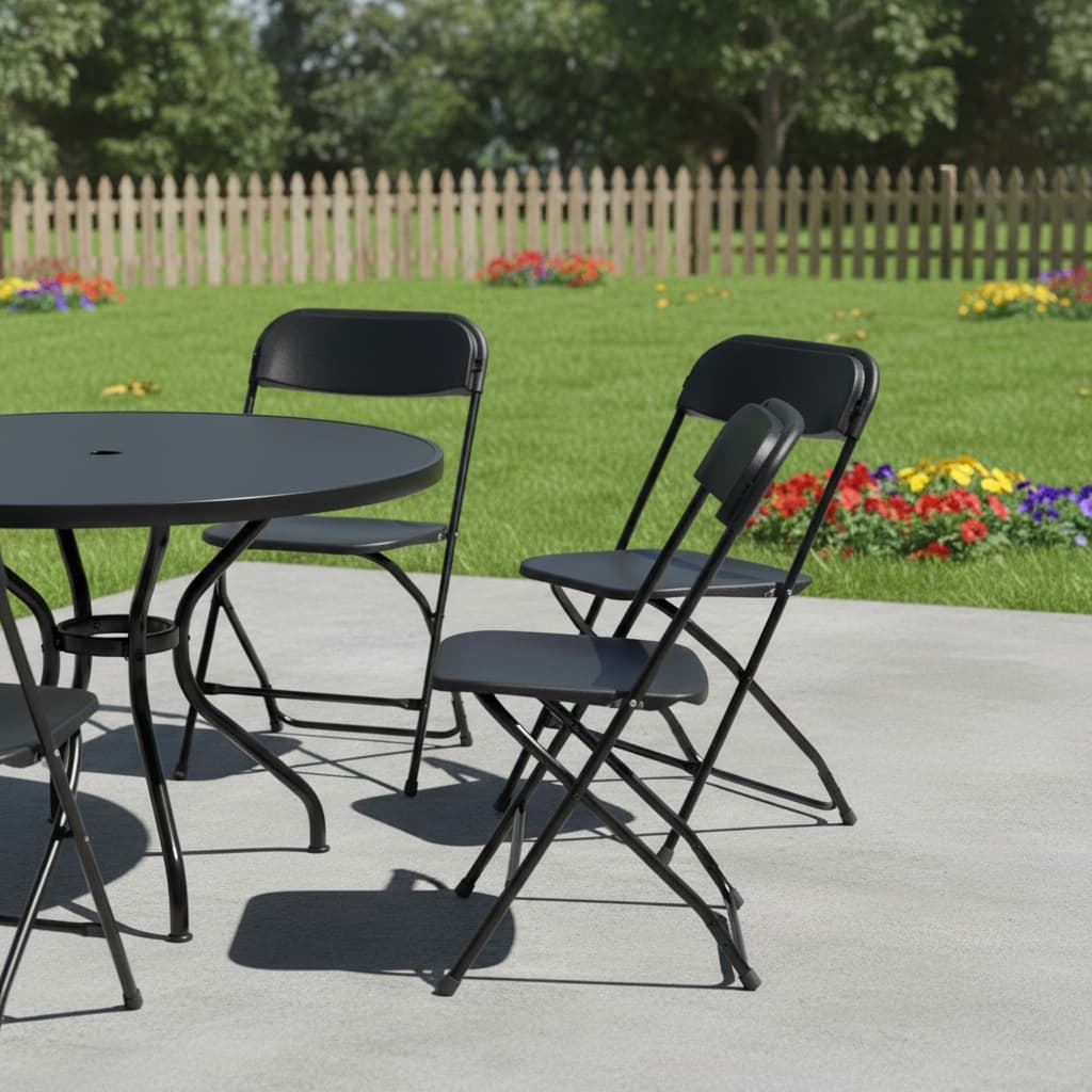 Set of Four Black Metal Outdoor Folding Stacking Dining Chairs