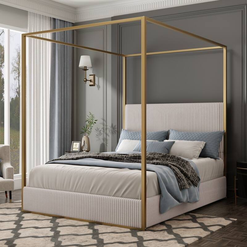 Modern Metal Canopy Bed with Tall Upholstered Headboard and Gold Four Poster