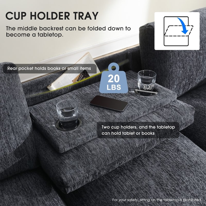 96" Modern Chenille Sectional Sofa with Bluetooth Speaker ,USB and Cup Holders