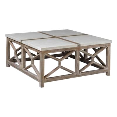 40" Catali Mixed Natural Wood Coffee Table Ivory Limestone Top