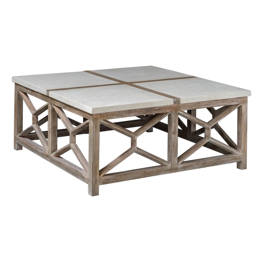 40" Catali Mixed Natural Wood Coffee Table Ivory Limestone Top