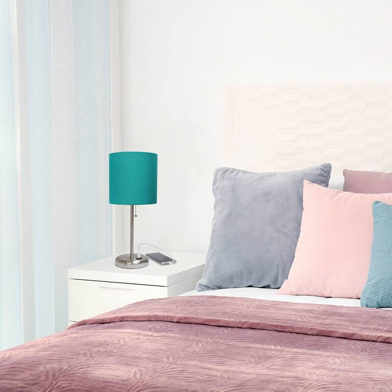 Creekwood Oslo 19.5" Bedside Usb Port Feature Metal Table Desk Lamp - Brushed Steel/Aqua Shade - 9x9x15