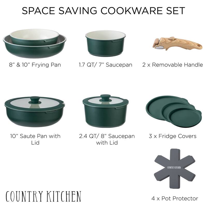 Country Kitchen 16 Piece RV Cookware Set Ceramic with Removable Handle Oven Safe.