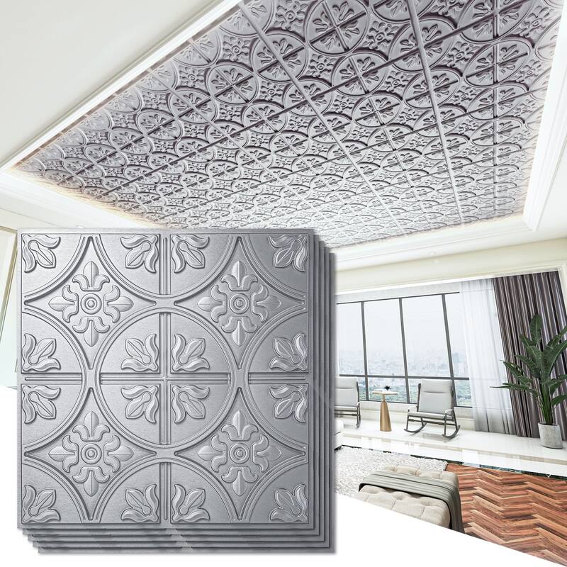 Art3d 2x2 ft. PVC Ceiling Tile, Fancy Classic Style in Argent Sliver,12 pcs - Argent Sliver