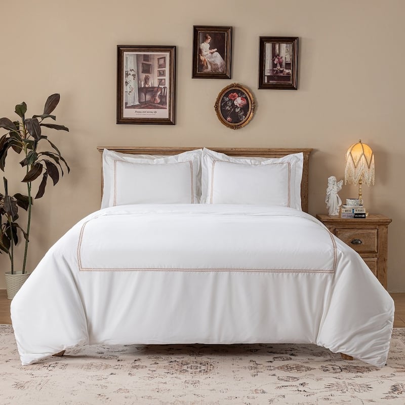 Hotel Collection Embroidered Cotton Percale 200 Thread Count Duvet Cover 3 Pieces Set - Caramel - Queen