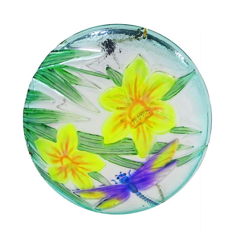 10" Glass Hanging Bird Feeder w/ Flowers & Dragonfly