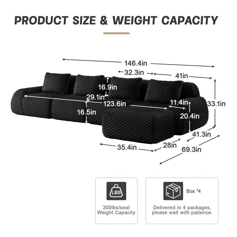 Oversized Modular Sectional Sofa with Movable Ottoman, 4 Seat Modern Flannelette Fabric Sofa Set Floor Armrests Sofa