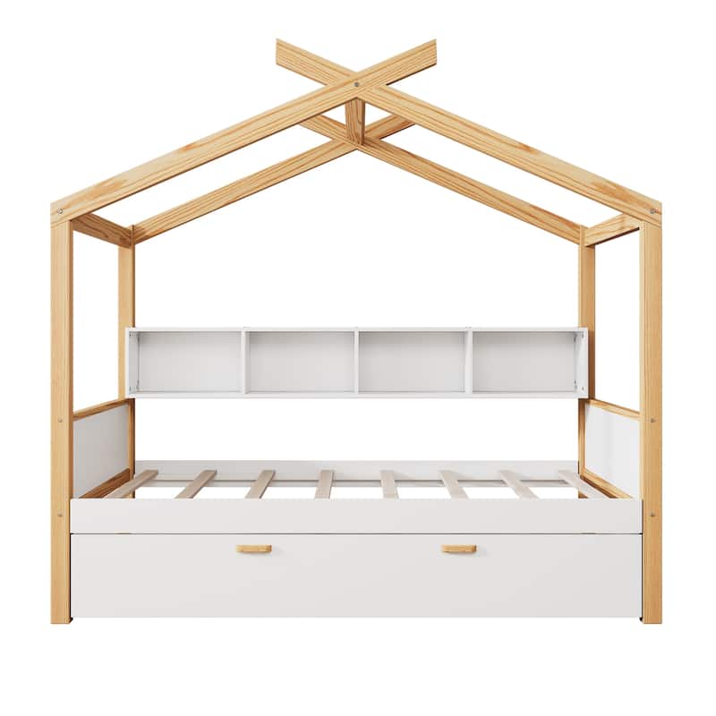 House-shaped Bed Frame for Bedroom Kids Boys Girls Daybed with Side Bookcase, Available with Trundle Bed or Storage Drawers