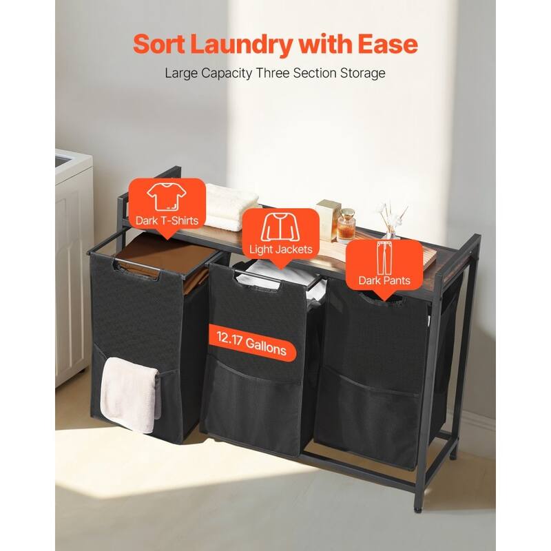 36.5 Gallon Black 3-Bag Laundry Hamper Sorter with Sturdy Steel Frame and Wooden Tabletop - 38.58 x 12.99 x 27.95 in