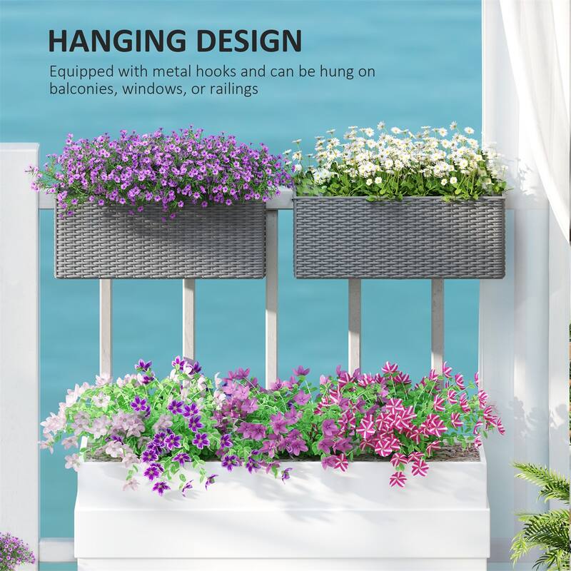 Set of 2 Gray Rattan Style Planters Polypropylene and Metal Decorative Garden Patio Wall Mount - 19.7" L x 7.5" W x 7.5" H