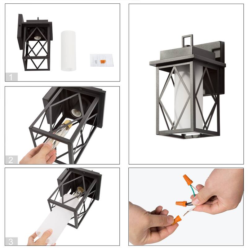 Aary Modern Black Farmhouse Indoor/Outdoor Lantern LED Patio Wall Lantern Wall Sconce Frosted Cylinder Glass - W6"*H10.8" *E6.8"
