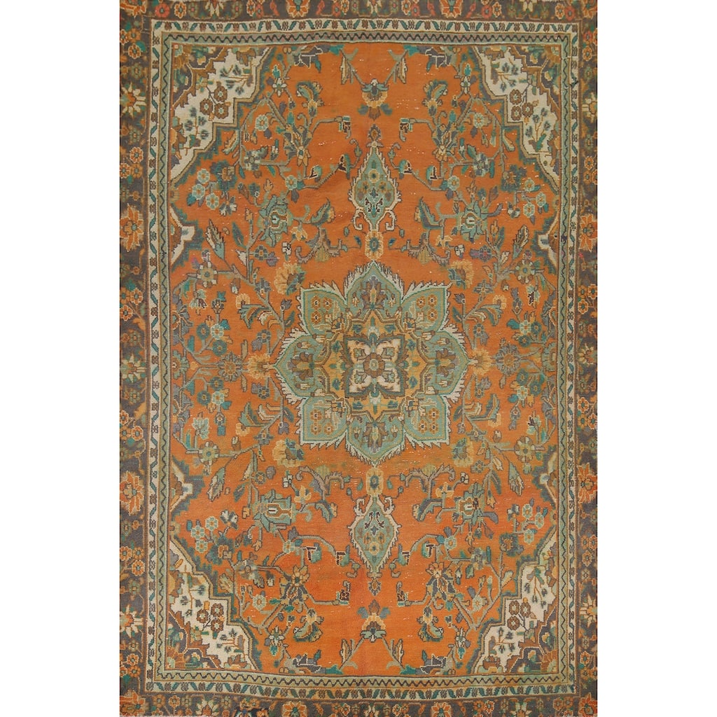 Hand Knotted Oriental 100% Wool Carpet Traditional Floral Oranges & Rust Hamedan Area Rug - 9' 6'' X 6' 6''