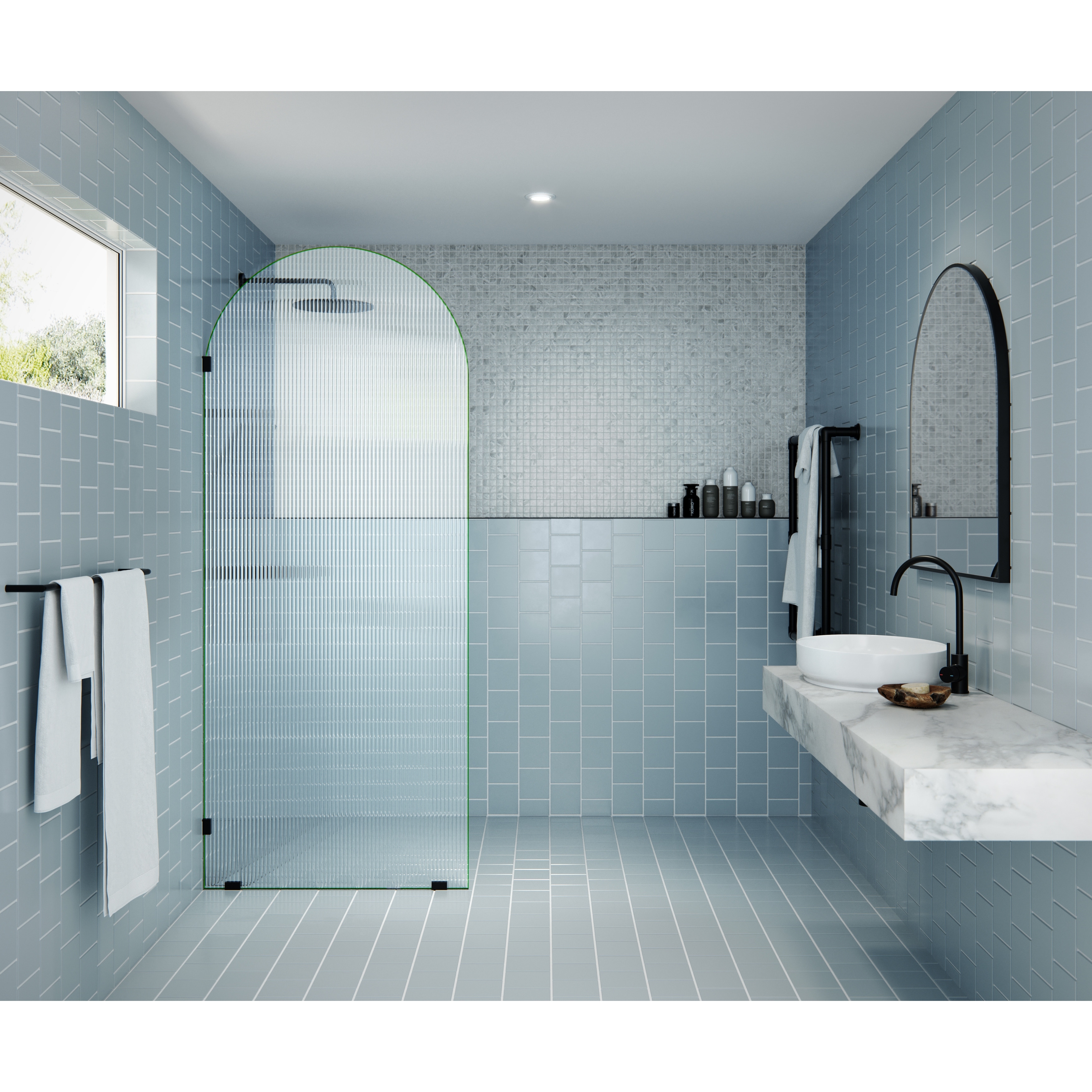 Maven 34 in. x 86.75 in. Fully Frameless Glass Shower Panel - Arched Fluted  Single Fixed Panel