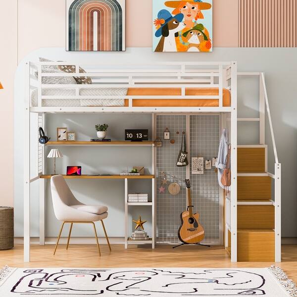 slide 2 of 24, Full Size Metal Loft Bed with Wardrobe, Built-in Wood Tabletop Desk, Storage Shelves and Storage Stairs for Bedroom White - Full