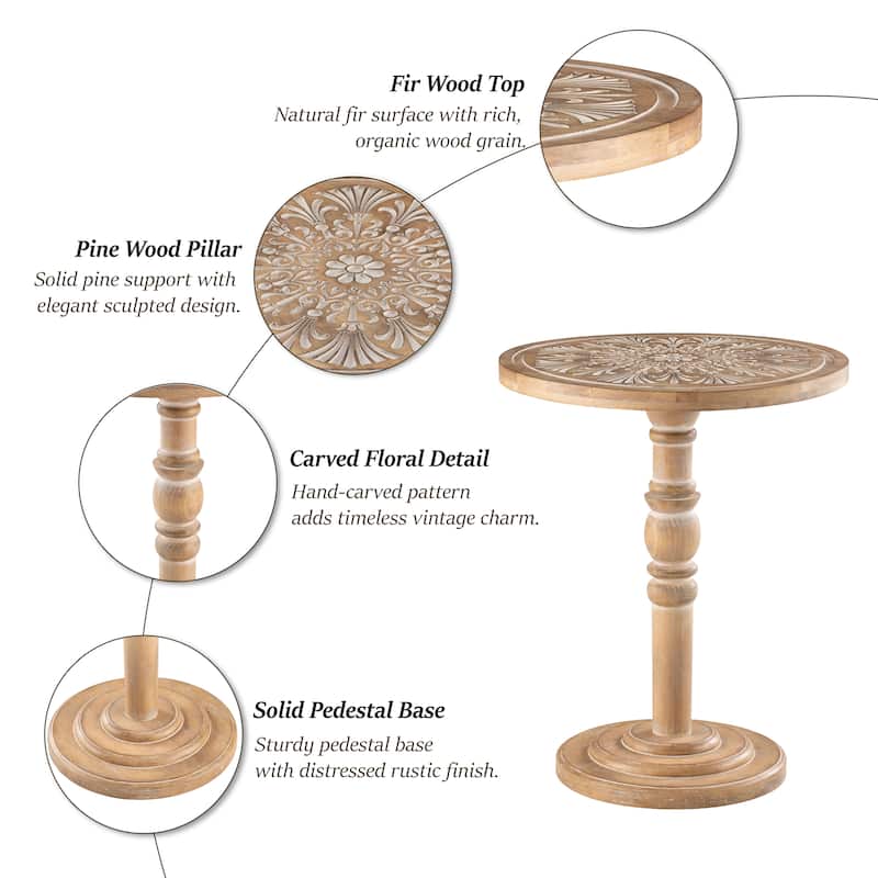 COZAYH Farmhouse Round Side Table with Carved Top, Rustic Pine Wood Pedestal Accent Table, Distressed Finish, Natural Wood