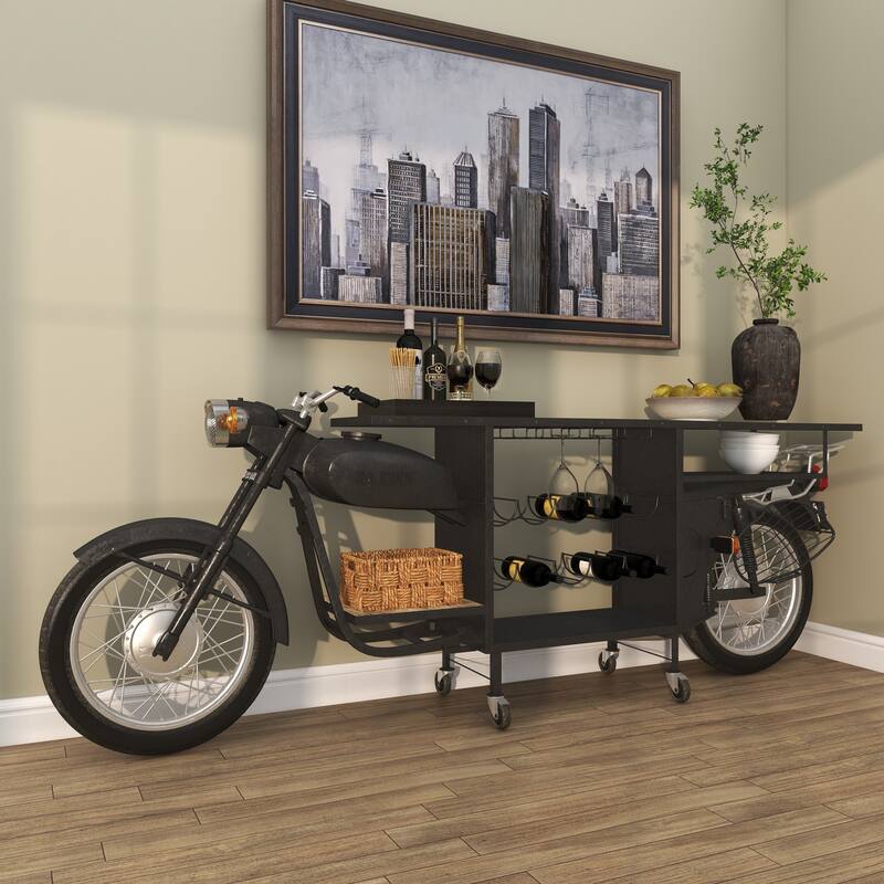 Black Metal Handmade One-of-a-Kind Reclaimed Motorcycle Bar with Light Up Headlights and Taillights - 105 x 18 x 38