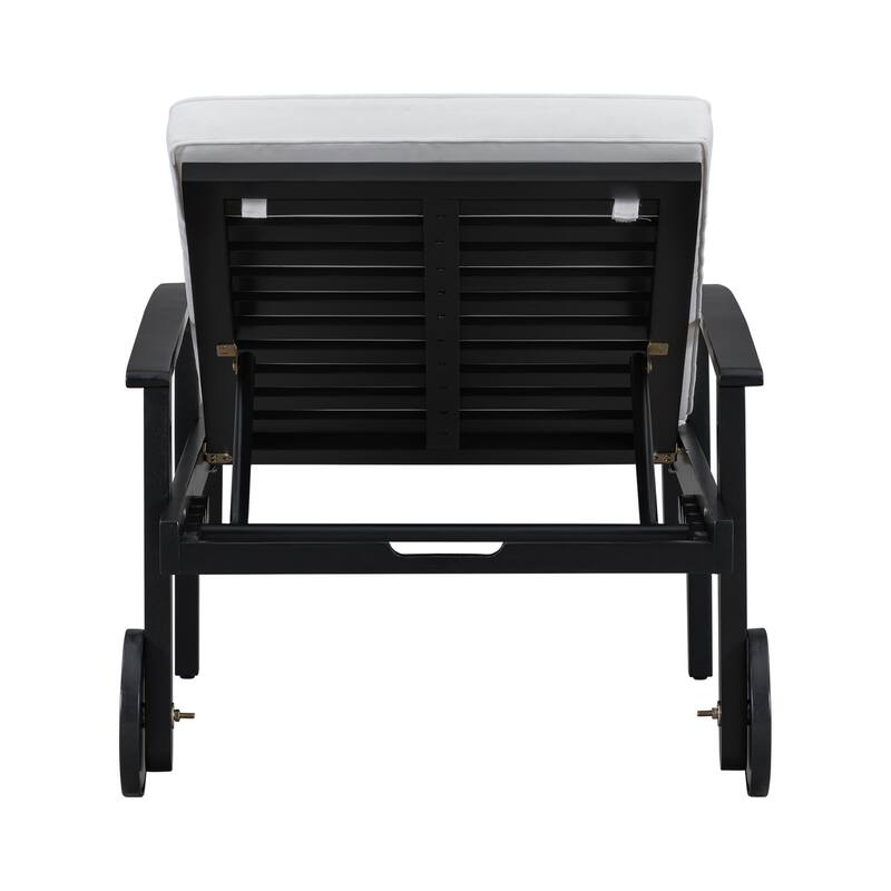 Outdoor Wood Chaise Lounge with Wheels and Adjustable Backrest, Cushion for Poolside Patio Garden