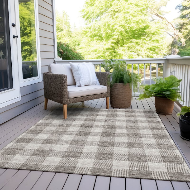Machine Washable Indoor/ Outdoor Chantille Plaid Rug - Taupe - 3' x 5'