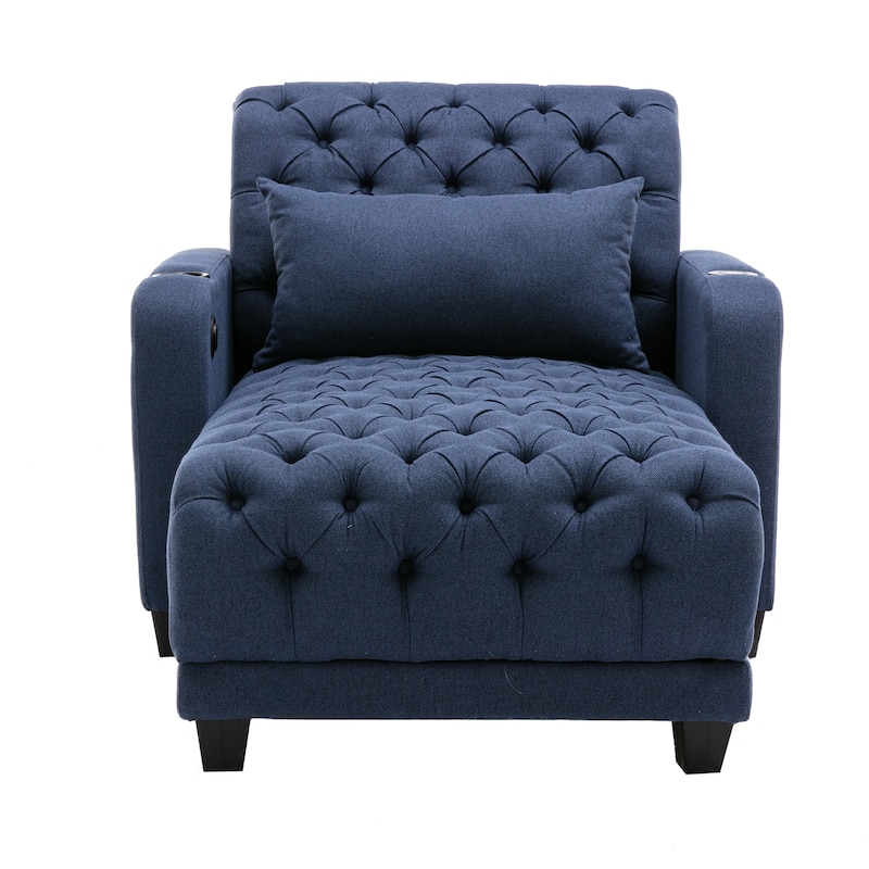 Linen Upholstered Multifunctional Tufted Wireless Charging Leisure Sleeper Armchair with 2 Cup Holders
