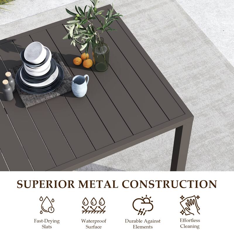 Outdoor Dining Table for 8 Person,Square Slatted Metal Patio Table for Deck Garden Lawn Backyard Use with Umbrella Hole, Brown