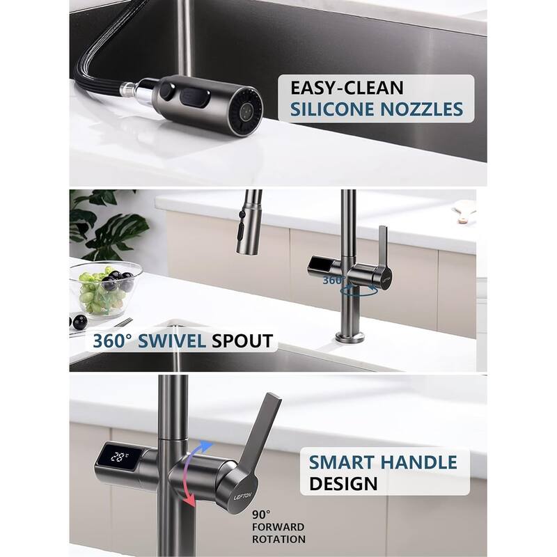 Lefton Touchless Pull-Out Kitchen Faucet, Hands Free Motion Sensor Activated, Battery-Free Temperature Display, KF2206