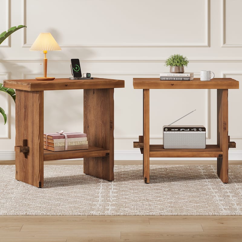 Solid Wood Farmhouse Nightstand with Storage - Brown-2 Packs