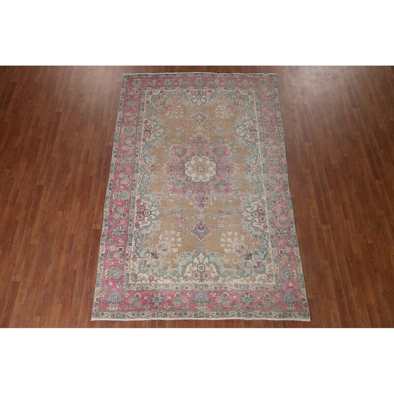 Brown Distressed Tabriz Persian Antique Rug Hand-knotted Wool Carpet - 6'2" x 9'8"