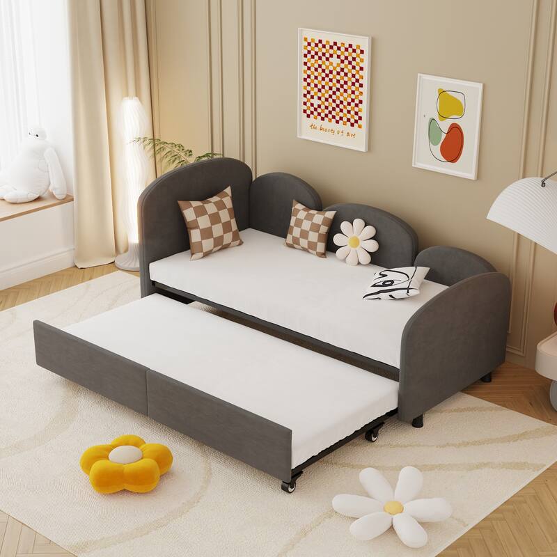 Flower-Shaped Velvet Daybed Frame with Under-Bed Storage - Twin Size Sofa Bed for Bedroom, Kids Room, Living Room, Gray