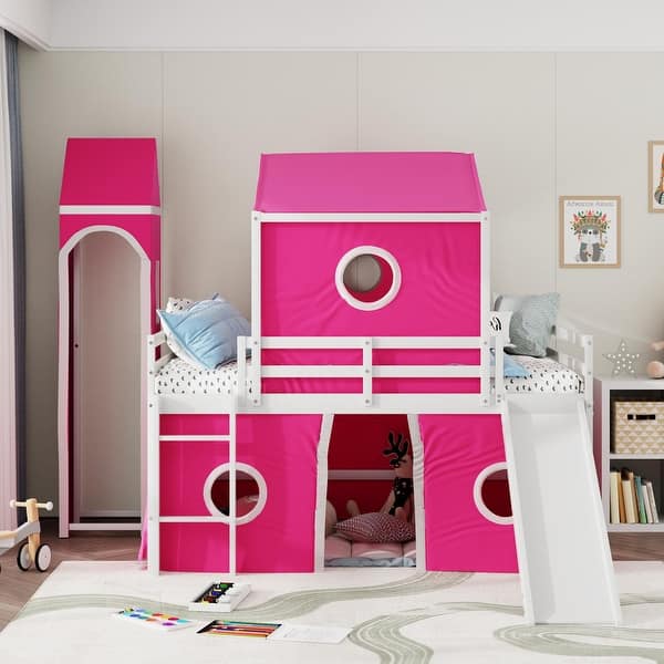 slide 2 of 15, Playhouse Full Size Loft Bed with Slide Pink Tent and Tower Pink