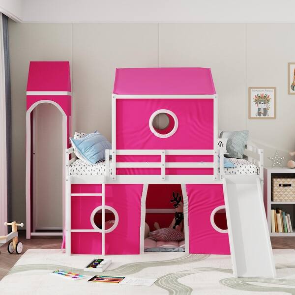 slide 2 of 43, Playhouse Inspired Full Size Loft Bed with Tower Pink