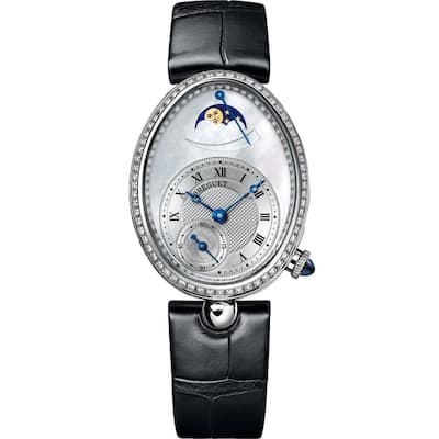 Breguet Reine De Naples White Gold With Black Leather Watch MOP Roman Dial Women's Watch
