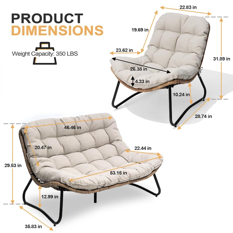 Double Papasan Chair Loveseat with Cushion, All-weather PE Rattan and Metal Frame for Indoor Outdoor